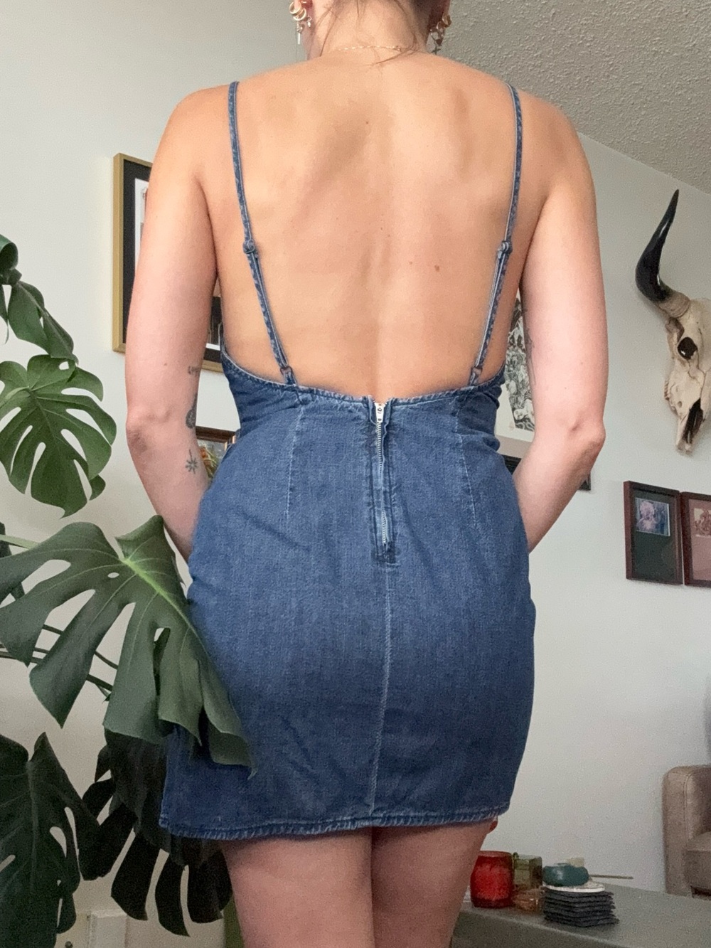 100% Cotton Denim Dress with Spaghetti Straps - Dark Blue - Picture 13 of 13